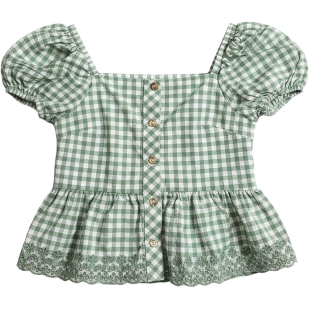 Tommy Bahama Girls Green Gingham Puff Sleeve Eyelet Peplum Top Size 8 0054